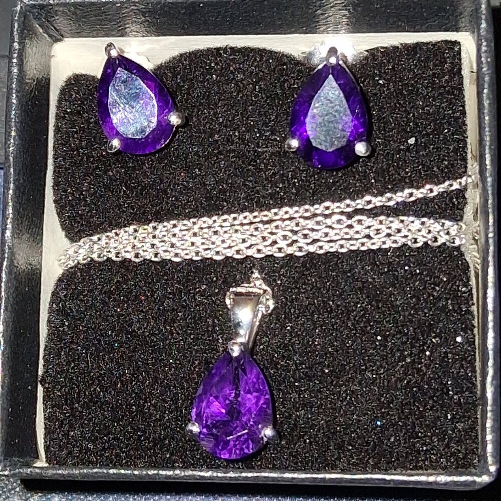 Sterling Silver Amethyst Necklace Earrings Set 5.46 CTW AAA Pear Rhodium